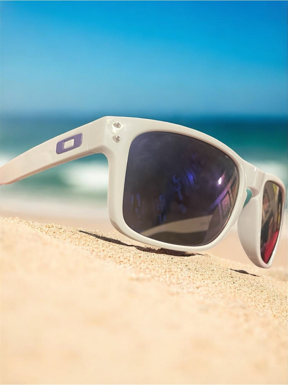 White Oakley Sunglasses with  Purple logo and Lenses.